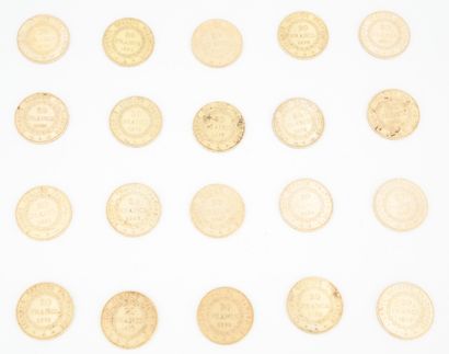 null Réunion de vingt pièces de 20 francs or, 1849, 1876 (x2), 1877, 1878 (x3), 1879,...