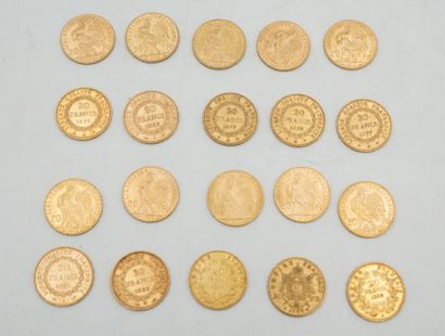 null Réunion de vingt pièces de 20 francs or : 1854, 1865, 1876, 1859, 1876, 1877...