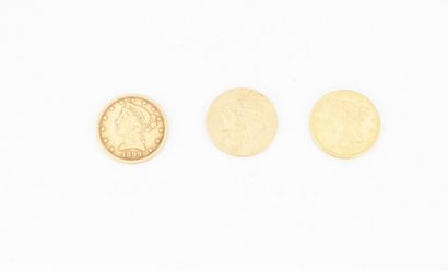 null Trois pièces de 5 dollars or, 1886, 1899, 1909 (tête d'indien). Poids total:...