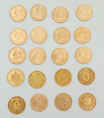 null Réunion de vingt pièces de 20 francs or : 1851, 1853, 1855, 1857, 1867, 1874,...
