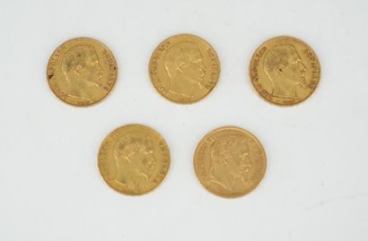 Réunion de cinq pièces de 20 francs or, 1852...