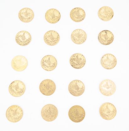 null Réunion de vingt pièces de 100 piastres or, Empire Ottoman. 142,3 grammes.
