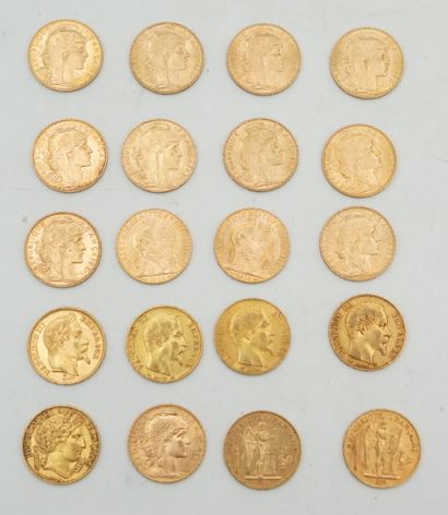 null Réunion de vingt pièces de 20 francs or : 1851, 1853, 1855, 1857, 1867, 1874,...