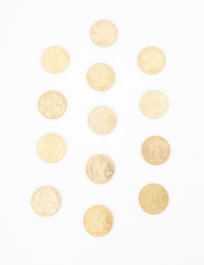 null Réunion de treize pièces de 20 francs or, 1876 (x2), 1877 (x2), 1878, 1879,...