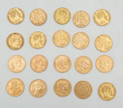 null Réunion de vingt pièces de 20 francs or : 1852, 1855 (x2), 1857, 1859, 1876,...