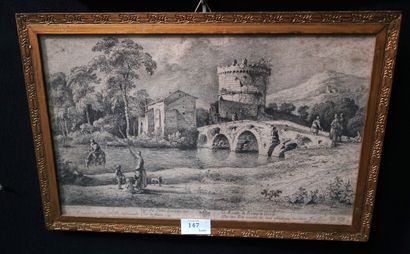 null Gravure, Vue du Pont de Lugano sur la route de Rome à Tivoli, gravé par J.J...