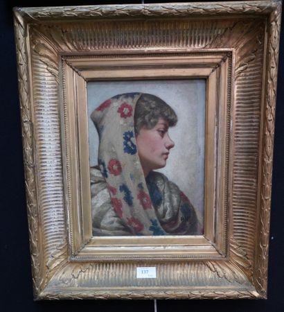 null Ecole Française fin XIXème, Portrait de jeune fille au châle, Huile sur panneau...