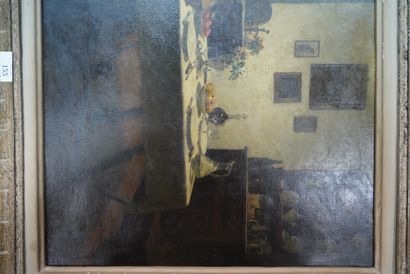 null Ecole moderne début XXème, intérieur à la table dressée, huile sur toile signée...