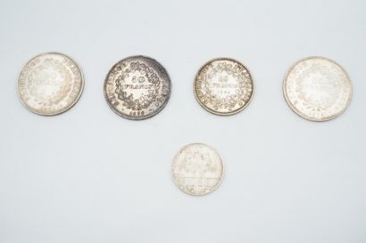 null Réunion de pièces en argent : 100 francs (x1), 10 francs (x1), 50 francs (x3)....