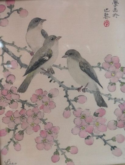 null LIAO Sin-Hio (Xxème siècle), oiseaux sur une branche de cerisier en fleurs,...