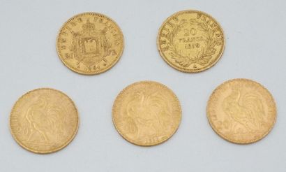 null 5 pièces de 20 francs or : 1859, 1861, 1906, 1907, 1912. Poids total : 32,2...