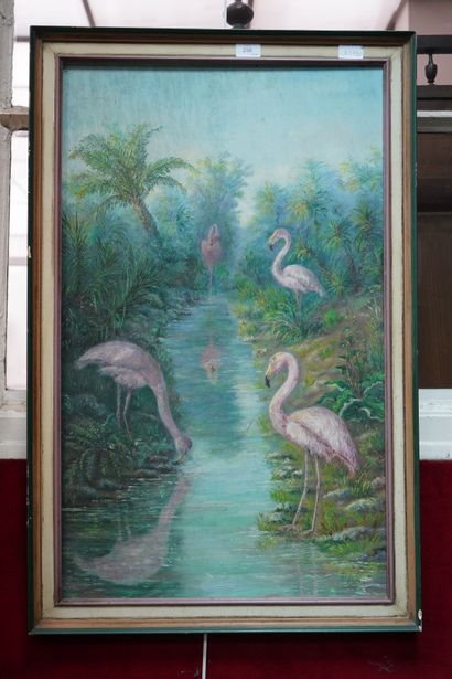 null Ecole Moderne, les flamants roses, huile sur panneau, 83 x 49 cm.