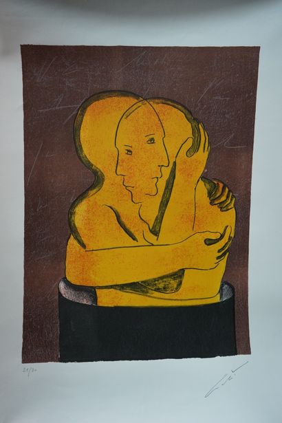 null Mahi BINEBINE (né en 1959), Le Couple, lithographie en couleurs (jaune sur fond...