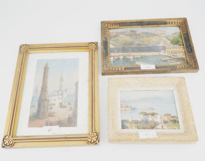 null Trois petits tableaux : Place de village (aquarelle et gouache), Vue de port,...