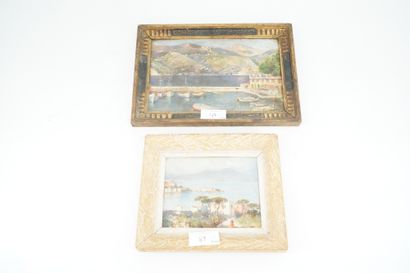 null Trois petits tableaux : Place de village (aquarelle et gouache), Vue de port,...