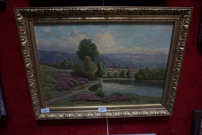 null V. VEZIEN (XIXe), Paysage de bord de rivière à la bruyère, huile sur toile,...