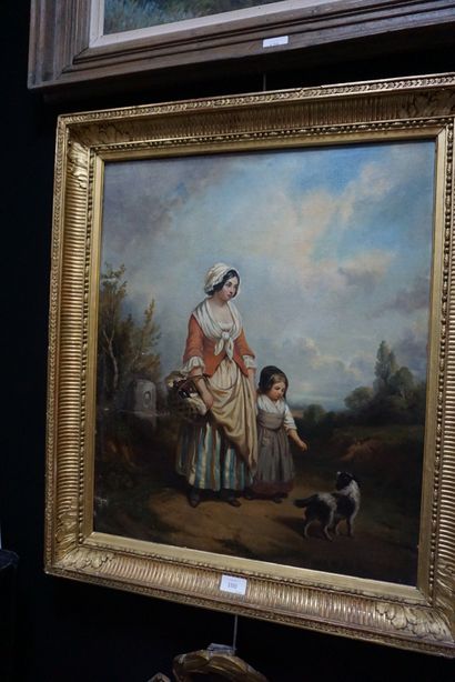 null Ecole française fin XIXe siècle, Femme et enfant avec un chien, huile sur toile....