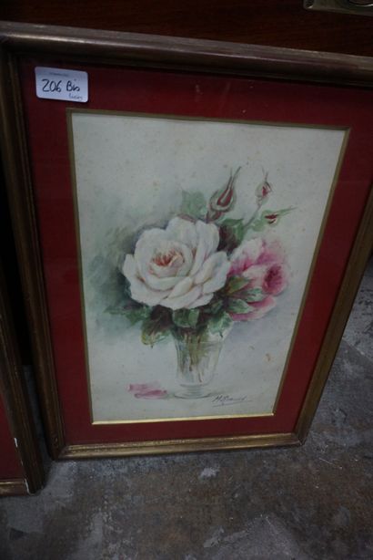 null Madeleine RENAUD (1900-1994), Vase de fleurs de champs, Vase de roses, deux...