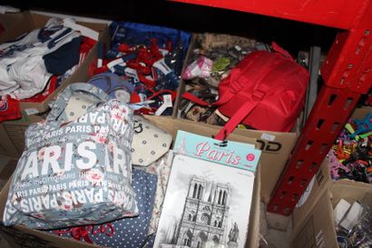 null * Quatorze cartons de souvenirs de Paris : t-shirts, vêtements du PSG, casquettes,...