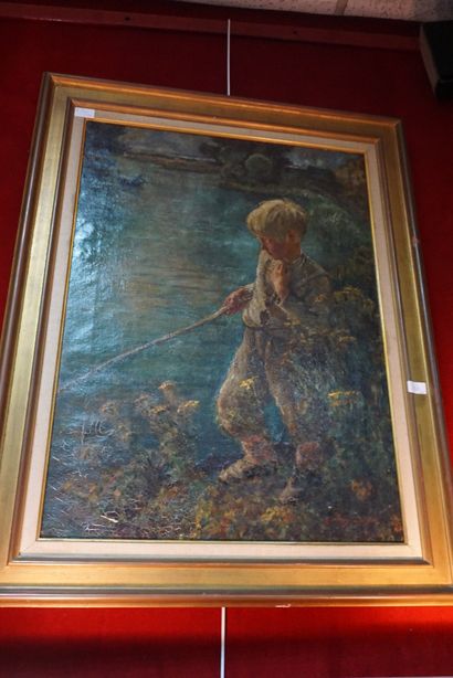 null E. WERY, Jeune garçon pêchant, huile sur toile, signée et datée 1900 en bas...