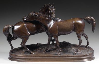 Pierre-Jules MENE (1810-1879) L'accolade Groupe en bronze à patine brune nuancée,...