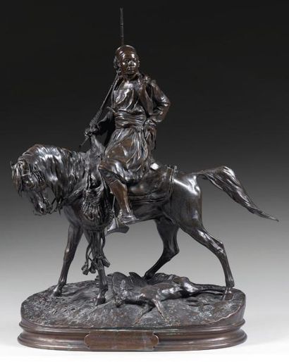 Pierre-Jules MENE (1810-1879) Le cavalier africain Groupe en bronze à patine brune...