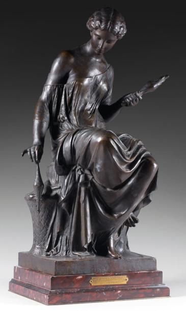 Mathurin MOREAU (1822-1912) La Fileuse Statuette en bronze à patine brune signée...