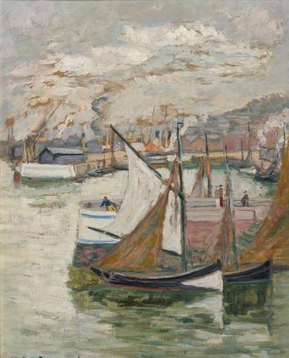 Carlos REYMOND (1884-1970) Le port de Honfleur Huile sur toile (rentoilée) signée...