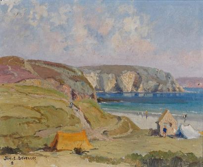 Jim Emile SEVELEC (1897-1971) Camping sur la côte bretonne Huile sur toile signée...