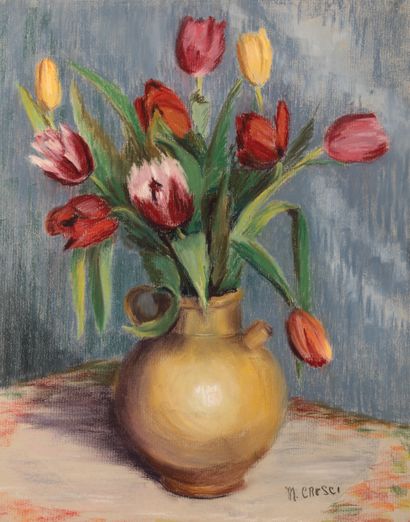 null MARTHE CRESCI (1949 - 1990). Tulipes dans une chevrette. Pastel sur papier,...