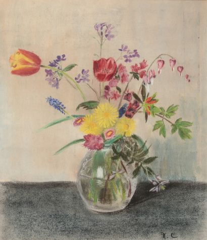 null 
MARTHE CRESCI (1949 - 1990). - Fleurs dans un vase en verre. Pastel sur papier...