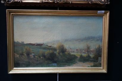 null Georges LAVAUX (1860), Paysage de campagne animé, huile sur toile signée en...