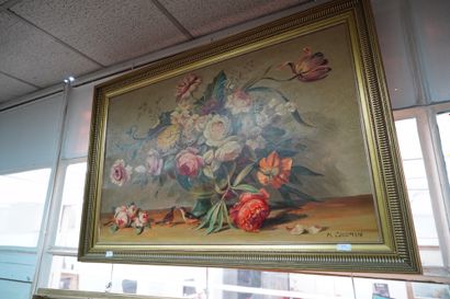 null Ecole moderne (XXème), Vase fleuri et oiseaux, huile sur toile signée M.COLOMAN...