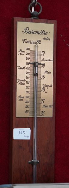 null Baromètre-thermomètre selon Torricelli au mercure, support en bois.