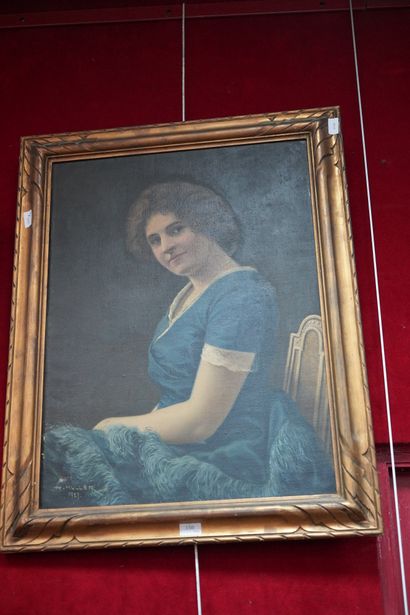 null H. MULLER, Elégante à la robe bleue, huile sur toile, signée en bas à droite...