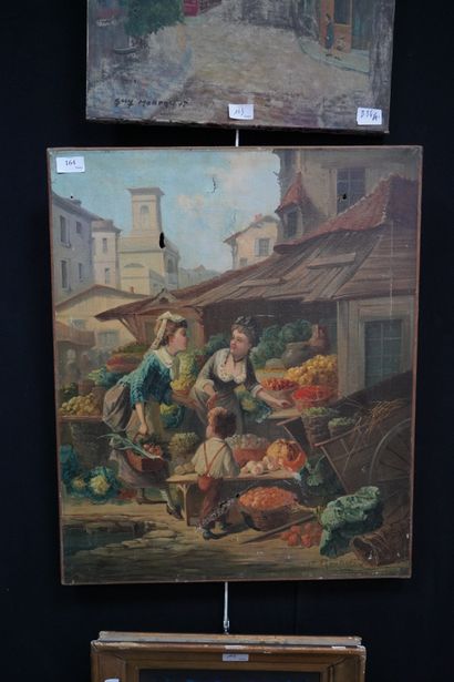 null Ecole française du XIXème, Le marché aux fruits, huile sur toile signée en bas...