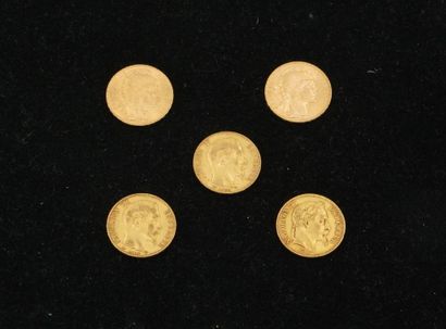 null 5 pièces de 20 francs or Napoléon III (1913, 1912, 1866, 1857, 1859). Poids...