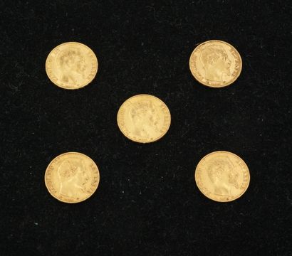 null 5 pièces de 20 francs Napoléon III (1859 (x3), 1854,1855). Poids total :32,...