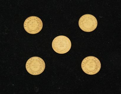 null 5 pièces de 20 francs or (1855 (x2), 1856 (x3). Poids total : 32,08g