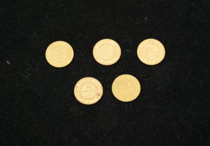 null 5 pièces de 20 francs or (1876 (x2), 1875, 1893, 1848). Poids total : 32,2g