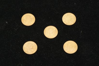 null 5 pièces de 20 francs or (1908, 1901, 1907 (x2), 1913). Poids total : 32,27...
