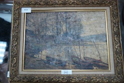 null J. VIVIEN, Paysage aux barques, huile sur toile signée en bas à gauche et datée...