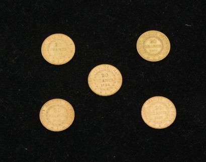 null 5 pièces de 20 francs or (1896 (x2), 1849, 1897, 1893). Poids total : 32,23...