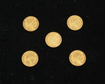 null 5 pièces de 20 francs or (1855 (x2), 1856 (x3). Poids total : 32,08g