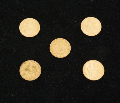 null 5 pièces de 20 francs or (1877, 1908 (x3), 1913). Poids total :32,23g