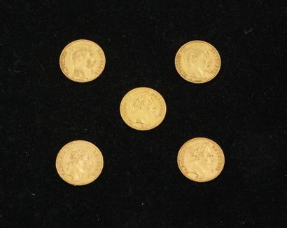 null 5 pièces de 20 francs or (1858 (2), 1862(2), 1863). Poids total :32,10g