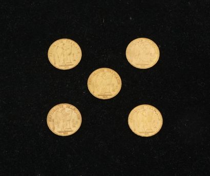 null 5 pièces de 20 francs or (1876, 1878, 1895, 1896, 1877). Poids total :32,21...