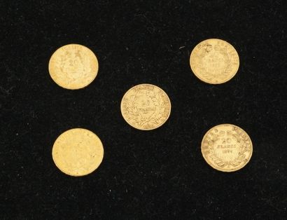 null 5 pièces de 20 francs or (1852 (x2), 1858, 1850 (x2). Poids total : 32,15g