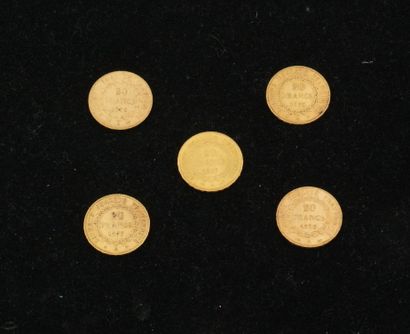 null 5 pièces de 20 francs or (1890, 1876, 1877, 1897, 1893). Poids total : 32,1...