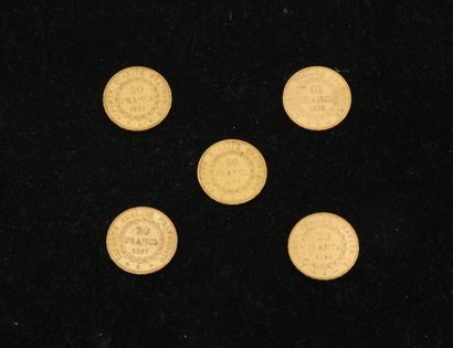 null 5 pièces de 20 francs or (1876, 1878, 1895, 1896, 1877). Poids total :32,21...